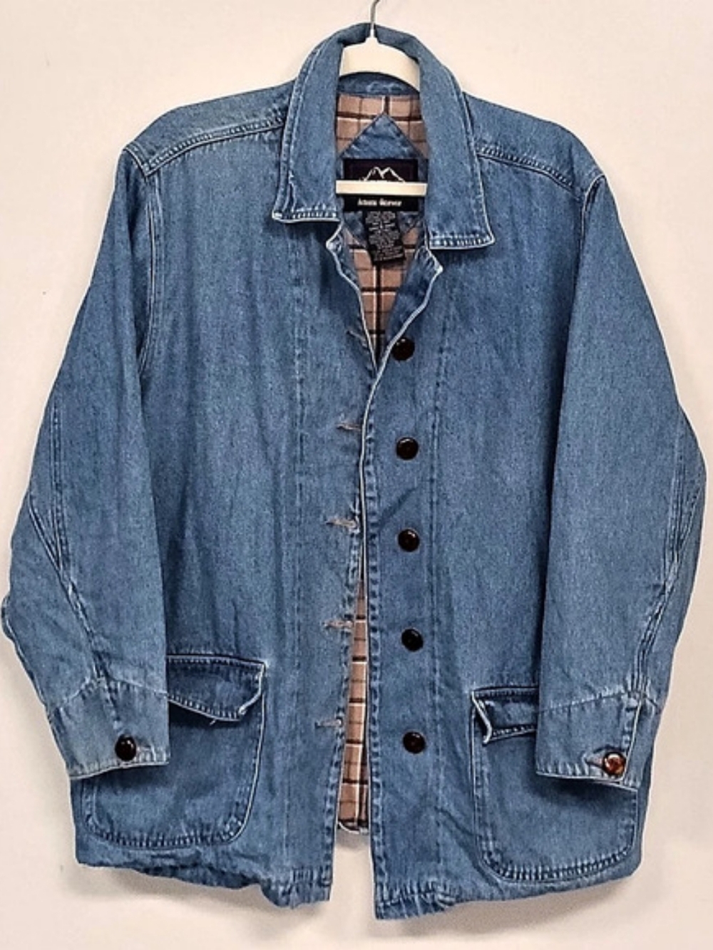 Faded Glory Vintage Plaid Flannel Lined Denim Barn Chore Jean Jacket Women's LG